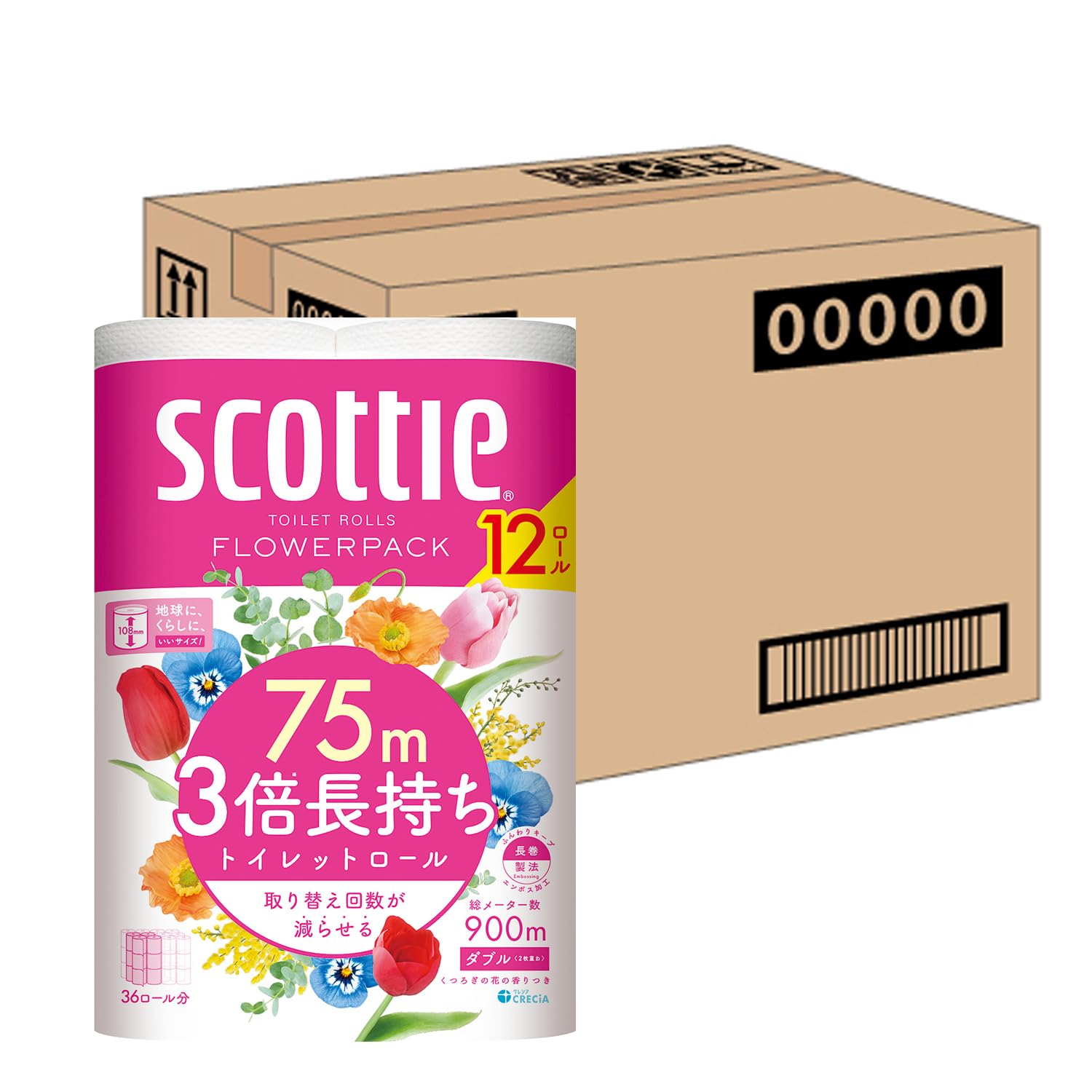 【ケース販売】 スコッティ フラワーパック 3倍長持ち トイレット12ロール 75mダブル ホワイト ×4パック入り
