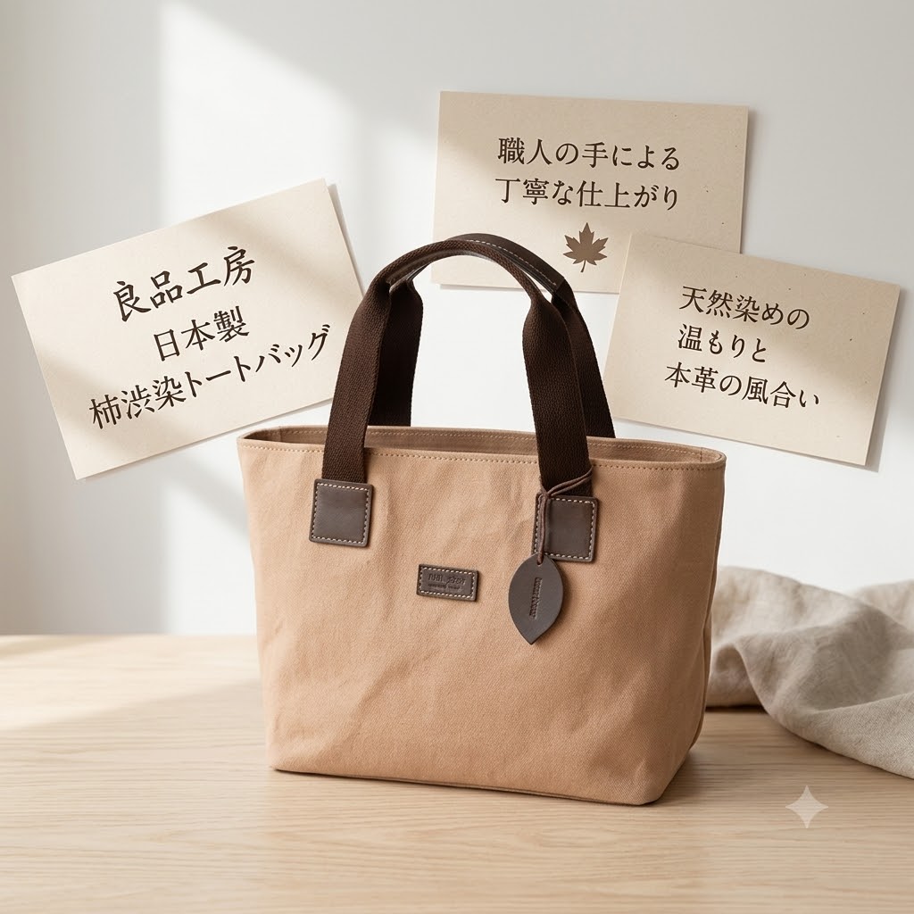 良品工房 日本製柿渋染トートバッグ 【約300g・約260×120×220mm】 22619203