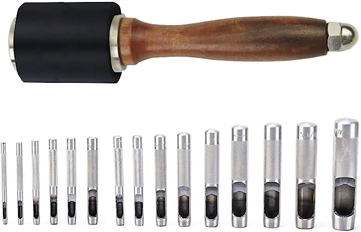 レザークラフト 穴あけポンチ 3-25mm 15点 ハンマー付きセット カービング ハンドメイド 道具