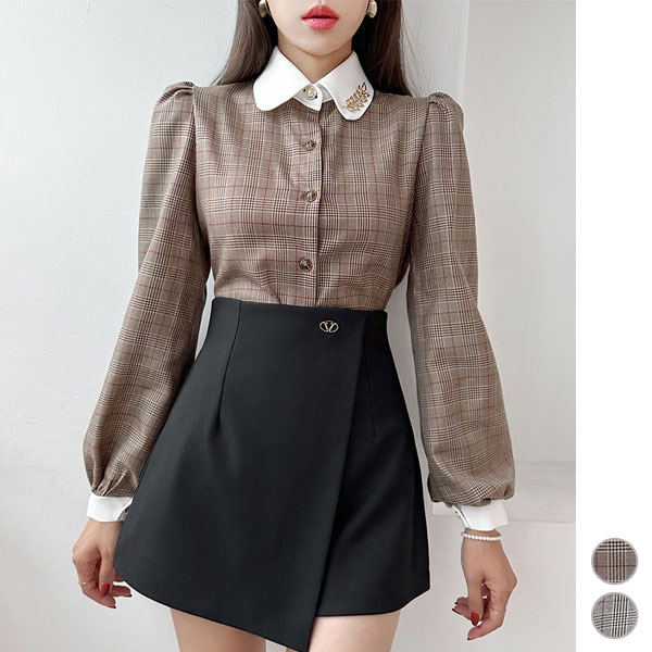 ブラウス レディース トップス 長袖 チェック パブスリーブ 配色 上品 おしゃれ きれいめ 韓国 春 秋 冬 to27974 ブラウス レディース トップス 長袖 チェック パブスリーブ 配色