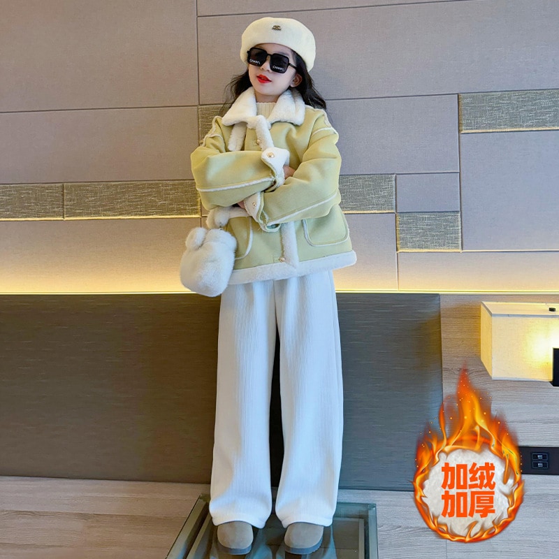 女の子加绒アウター 秋冬用子供加厚 ファーレザー一体型 ジュニア向けトップス キッズ　アウター