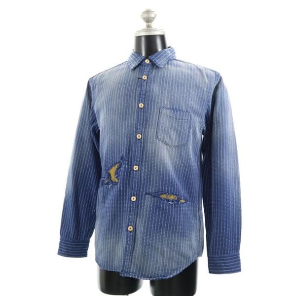 新品 備中倉敷工房 倉 長袖 クラッシュ リメイク加工 シャツ L ダークインディゴ Kula BY ETERNAL エターナル 刺子織柄 ストライプ メンズ