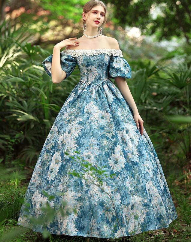 花柄 貴婦人ドレス 貴族ドレス 可愛い 撮影 演劇 文化祭 ステージ衣装 お姫様ドレス ロングドレス ハロウィン クリスマス 高級感 ヨーロッパ風ドレス オペラ声楽 パーティードレス 宮廷ドレス 学園