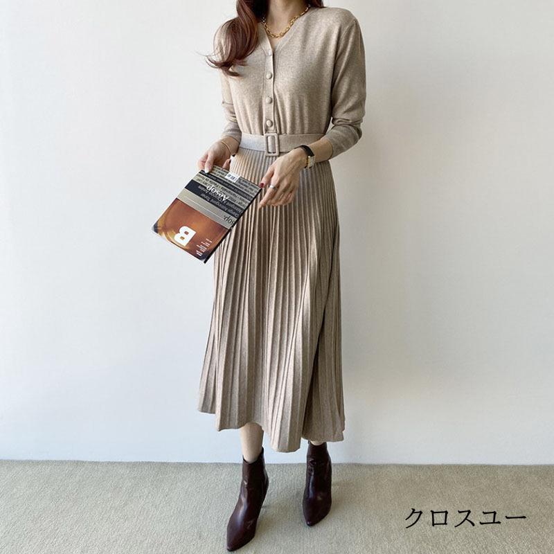 ワンピース ニット プリーツ レディース 長袖 Vネック ミモレ丈 ロング丈 無地 カジュアル 可愛い おしゃれ エレガント 上品 オフィス デイリー