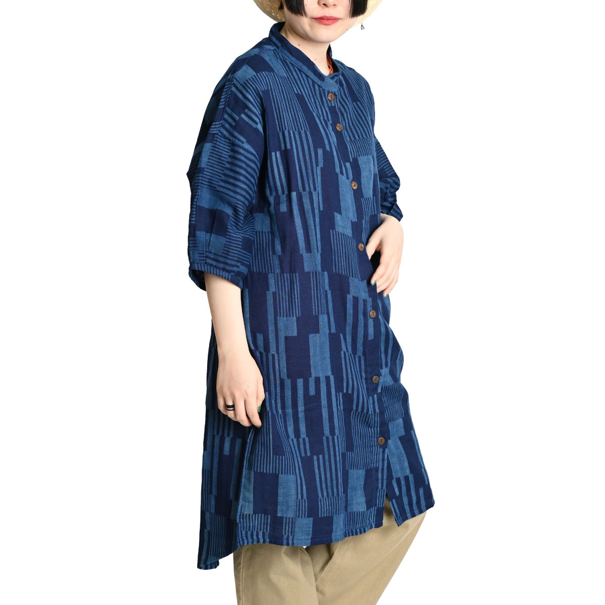 シャツ ブラウス レディース 春 夏 インディゴ 染め 藍染め 柄 総柄 シャツブラウス ロングシャツ 前開き チュニック ワンピース 7分袖 半袖 5分袖 シャツワンピース 大きいサイズ ロング丈