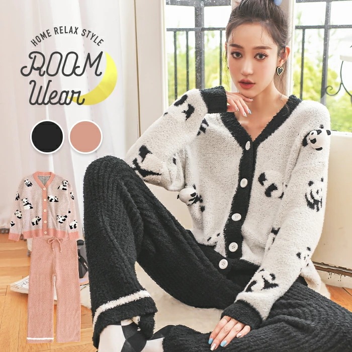 パンダ ルームウェア レディース パジャマ 冬 長袖 カーディガン 動物 可愛い 上下セット 部屋着 セットアップ モコモコ 長ズボン パジャマ ルームウェア