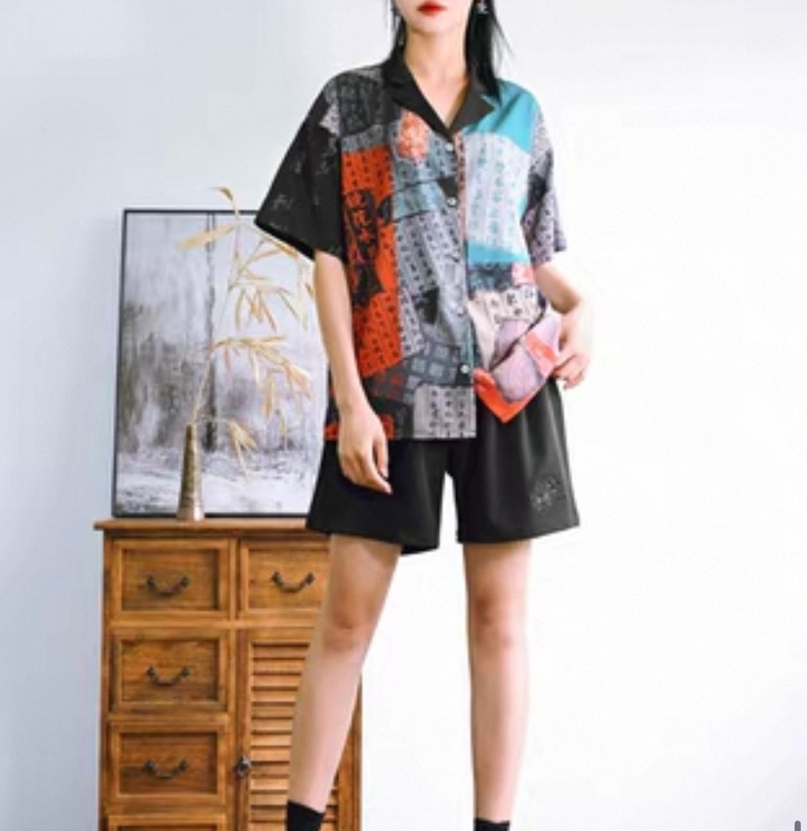 トップス シャツ レディース 半袖 Vネック オープンカラー アシンメトリー 切り替え フェミニン ストリート パッチワーク カジュアル おしゃれ レトロ アジアン こなれ感 個性的 クール モード系