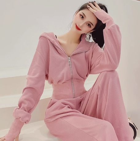 2点セット セットアップ レディース パーカー ジョガーパンツ 長袖 ダブルジップ ジップアップ リブ ウエストゴム ドロスト 伸縮性 かわいい 大人可愛い シンプル カジュアル 上品 おしゃれ