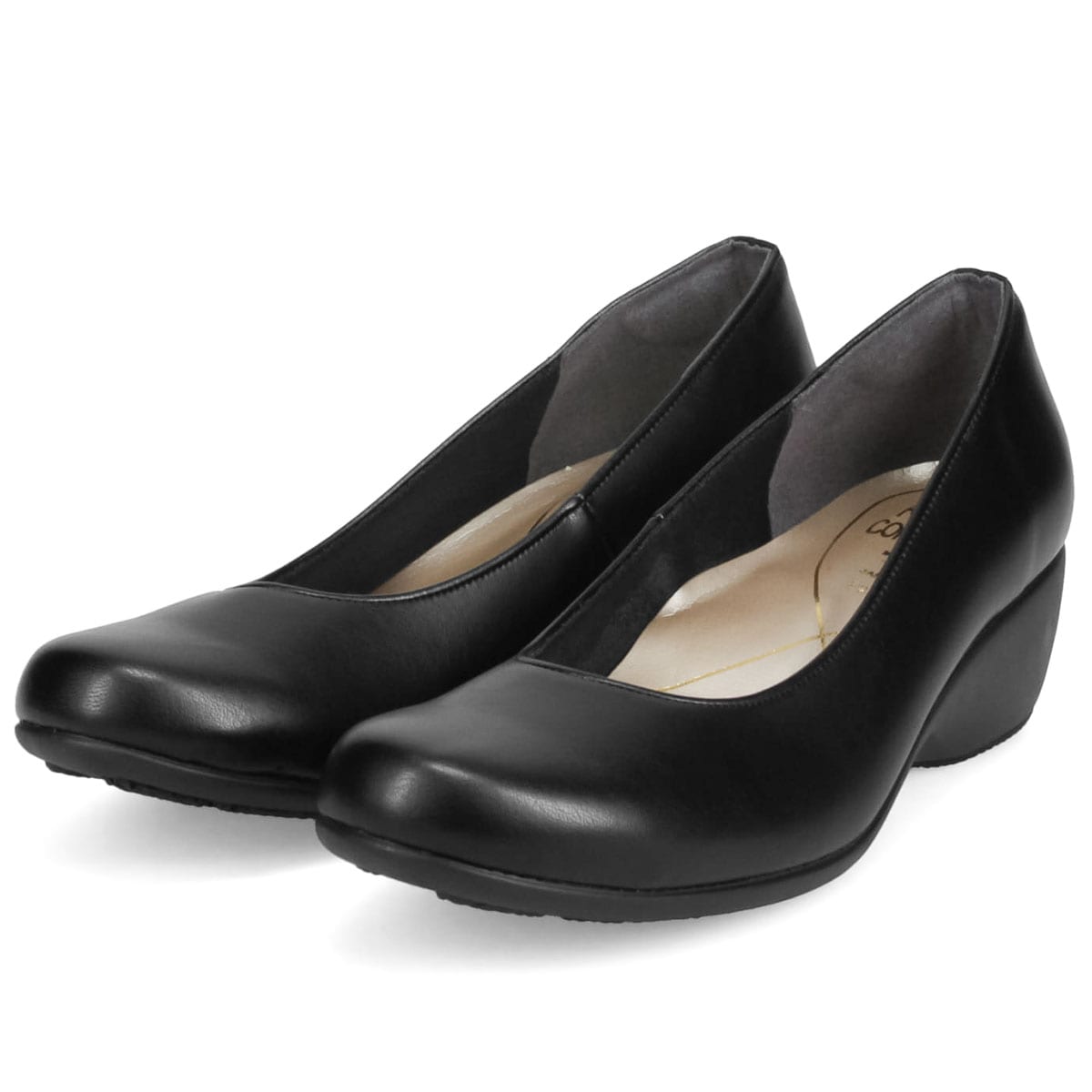 日本製 パンプス 婦人靴 黒 プレーン ベーシック シンプル PUレザー エナメル 快適クッション ウェッジソール ウエッジ 卒業式 入学式 歩きやすい コンフォートシューズ 4.5cmヒール