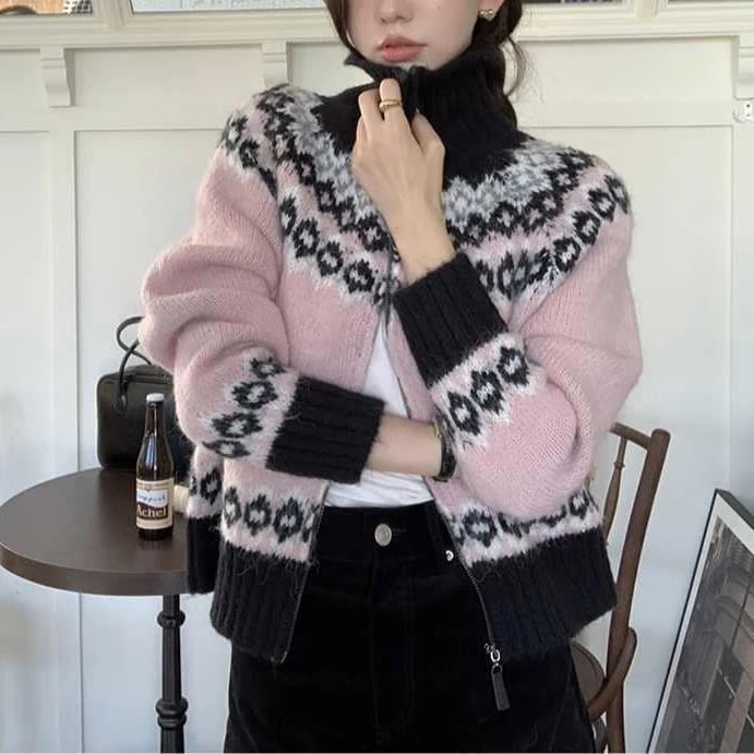 韓国ファッションレディース ニットセーター ジャカードニットカーディガン ゆったり開襟ジッパーショートセーター 5,454円