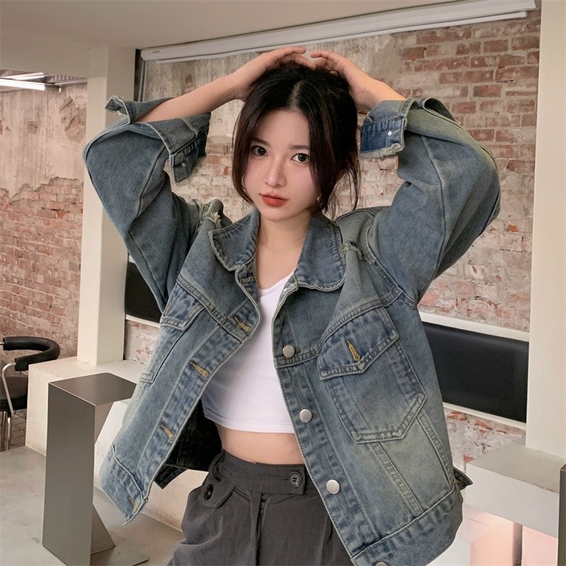 アウター ジャケット 上着 デニムジャケット レディース コート ショート丈 長袖 ドロップショルダー 襟付き ポケット デニム ブルーデニム カジュアル 大人 おしゃれ レトロ クール 春 秋 冬