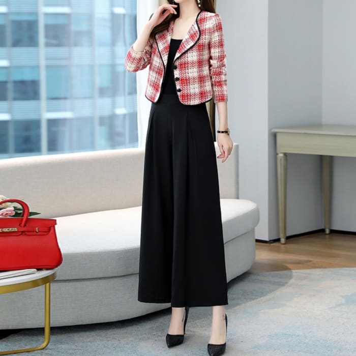最新モデル登場！超目玉新品 セットアップ レディース チェック ツイード ジャケット ワイド パンツ スーツ 2色 秋春 ビジネス 卒業式 入学式 フォーマル カジュアル 15912