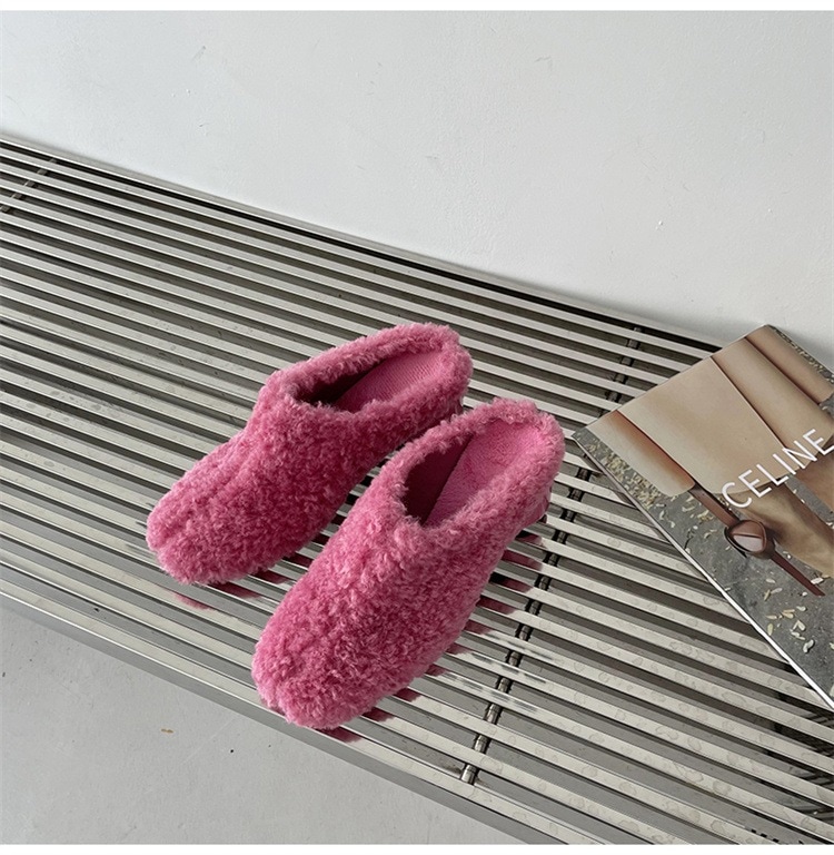 INSスタイル 太踵 レディース 包頭靴毛靴 ピンヒール パンプス 半スリッパ 顕腿長 外穿き ローマ ハイヒール 秋冬 カジュアル 保温 柔らかい