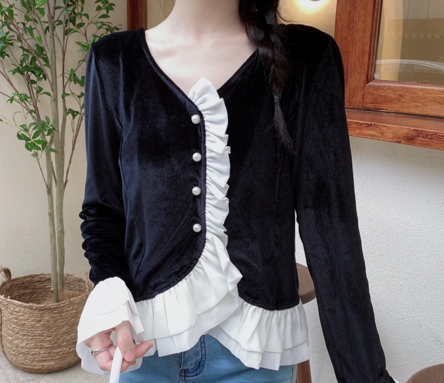 トップス シャツ カットソー 袖あり 長袖 Vネック フリル ベルベット かわいい 大人可愛い 5,282円
