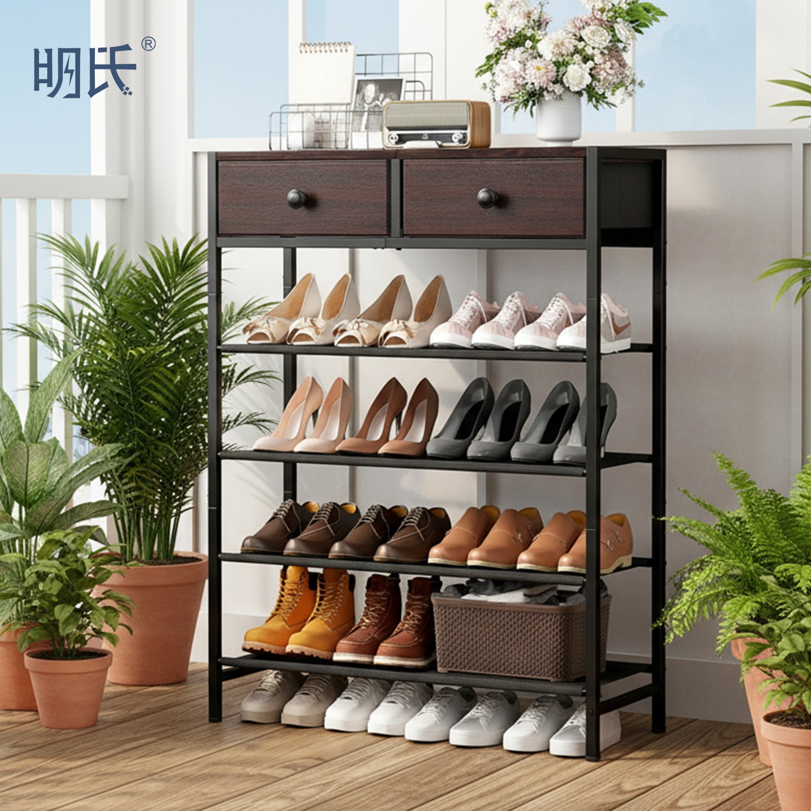 シューズラック 5 段 木製 引き出し付き 靴下収納 通気性 ブラウン