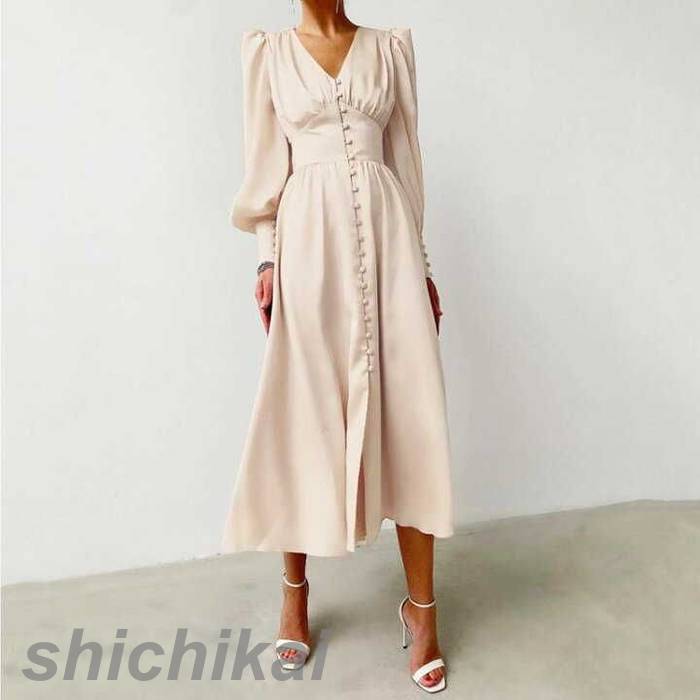 20代 ロングワンピース おしゃれ パフスリーブ 7色入り サテン ワンピース 無地 長袖ワンピース Aライン WILLS 秋 THOM 上品 優雅 Vネック 着痩せ レディース 30代