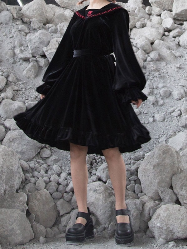 【短納期】ゴシックロリータOPドレスベロア長袖ロリータワンピース
