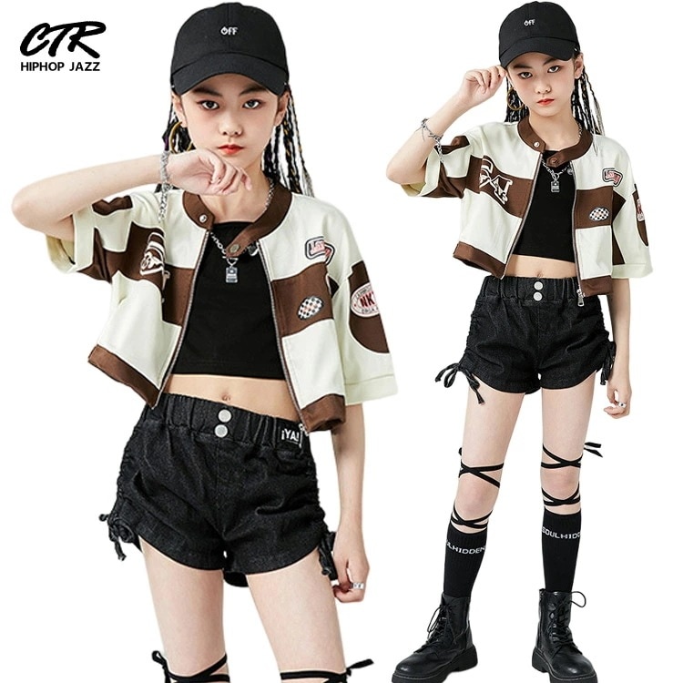 【急速出荷!】キッズダンス衣装 セットアップ へそ出し ジャケット タンクトップ ズボン ヒップホップ カーキ 半袖 チアガール チアダンス ジャズダンス 半ズボン 女の子 子供 キッズ ダンス衣装