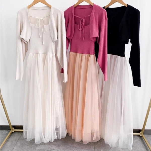 SN レディース ニットワンピース+カーディガン 2点セット