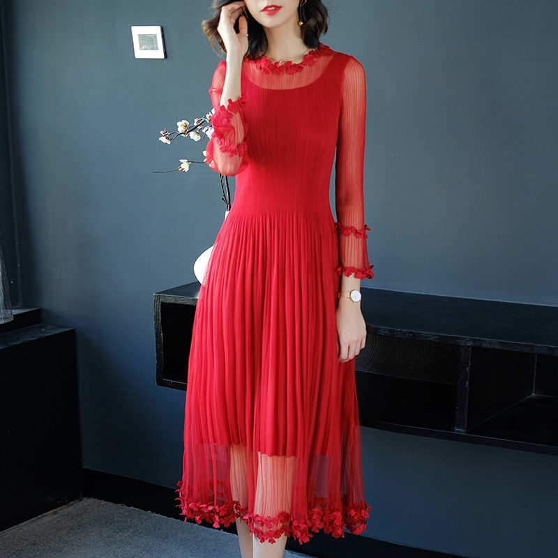 シースルー レース プリーツ ワントーン ミディロング丈 ワンピース エレガント 大人レディ 上品 レディース 2018年新作 定番 人気 およばれ 結婚式 二次会 演奏会 観劇 謝恩会 発表会