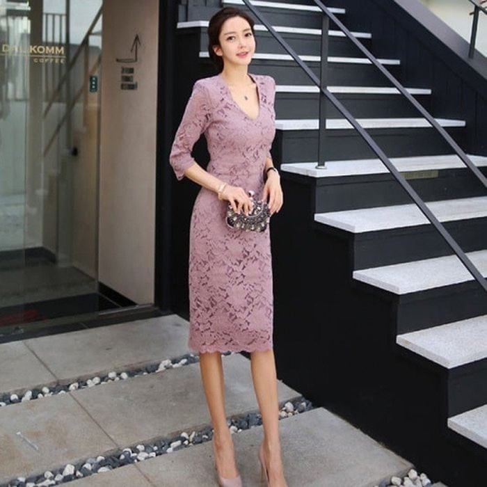パーティードレス 韓国 ドレス 個性的 ワンピース プチプラ 結婚式 ピンク パープル グレー ブルー 青 タイト キャバ 総レース 袖あり Vネック セクシー 膝丈 上品 大人 20代 30代 二次