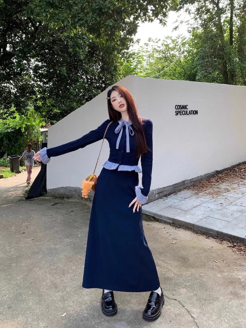 高級ファッションスーツ2023レディース秋フレンチ長袖ニットカーディガンハイウエストカジュアルスカート2点セット