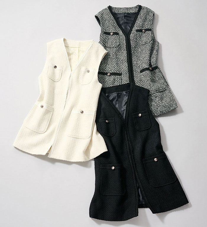 [最安値挑戦]！ツイードロングジレ レディース 冬 コート ジャケット M-LL