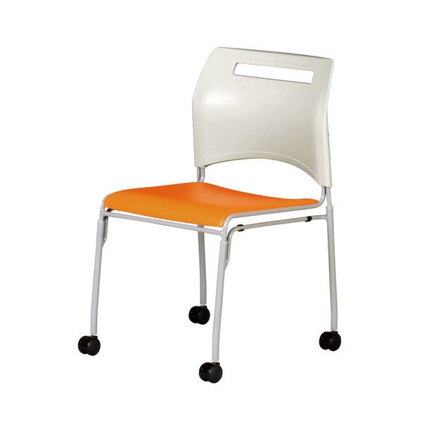 キャスターチェア/会議椅子 【オレンジ】 幅490mm スタッキング可 合皮/合成皮革 スチール脚