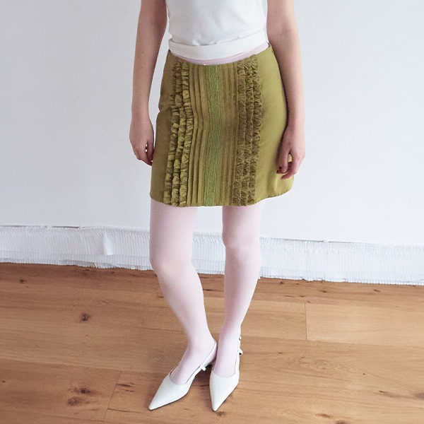 FRILL PINTUCK COTTON MINI SKIRT GREEN