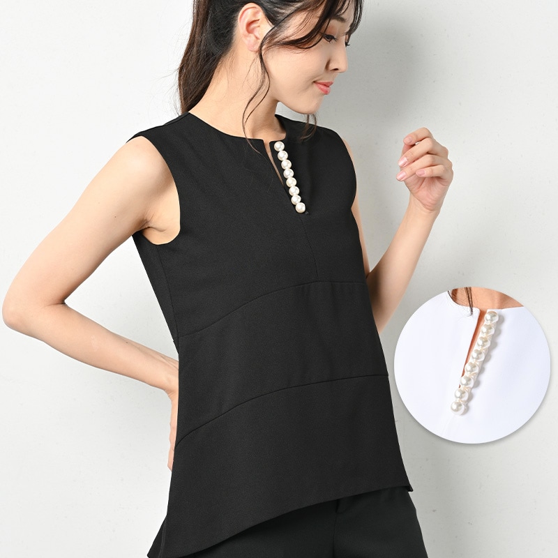 即納 パール ブラウス ノースリーブ オフィス カジュアル きれいめ コンサバ カジュアル 骨格ストレート 体型隠し 体型カバー キーネック ペプラム