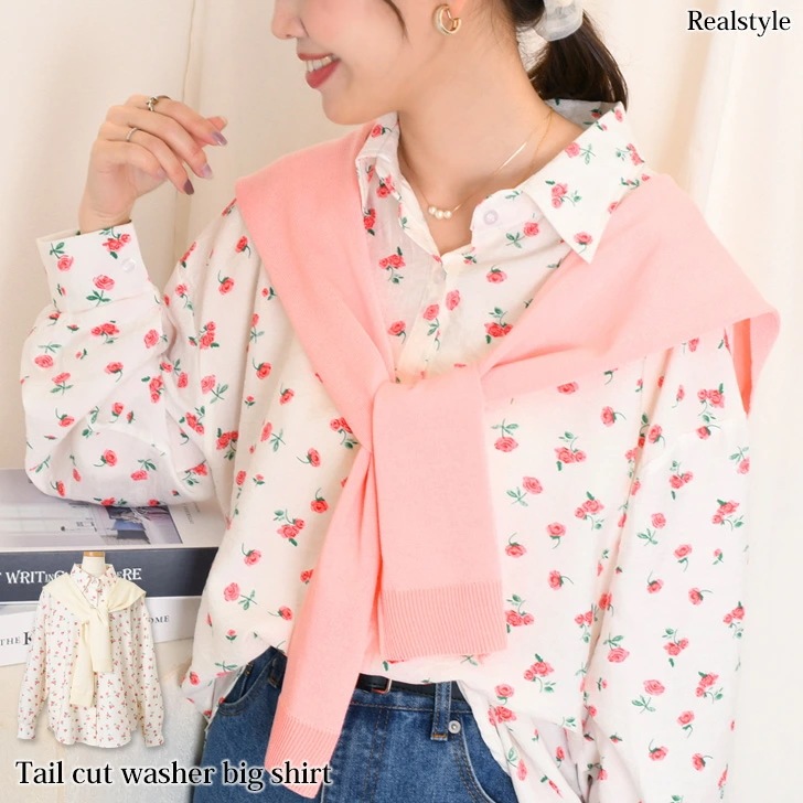 肩掛けニット付きローズ柄テールカットワッシャービッグシャツ レディース トップス ブラウス 長袖 春夏 花柄 薄手 涼しい おしゃれ ゆったり 大きいサイズ 体型カバー カジュアル 可愛