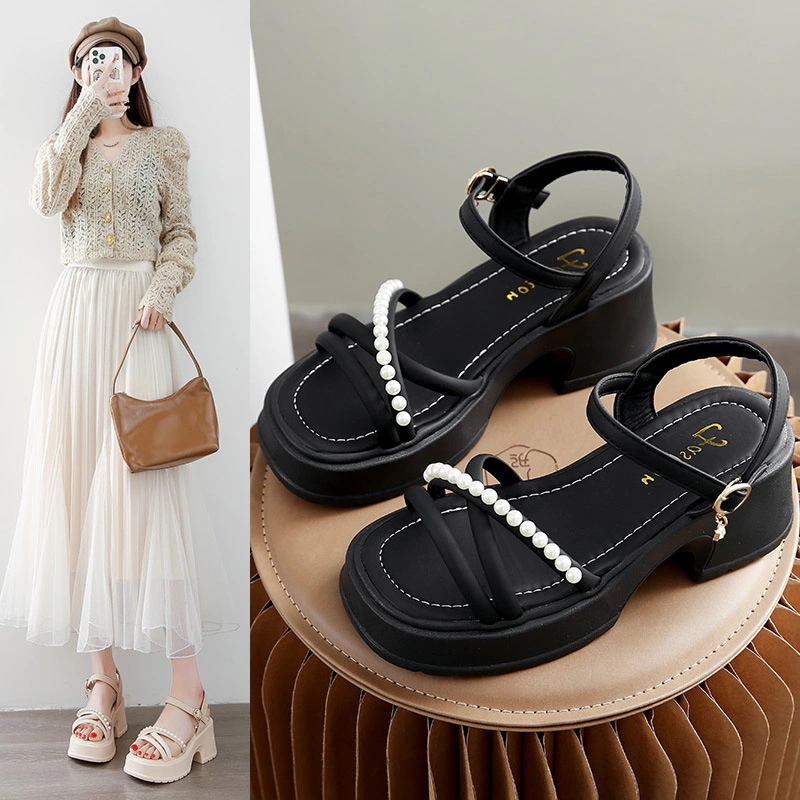 1点ご購入 で10点プレゼントいたしますファッション風パールサンダルの外に25型マドレーヌ厚底一字バックルローマンヒールサンダル