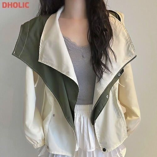 [メガ割りSALE]2WAY配色ドロストフードレイヤードジャンパー