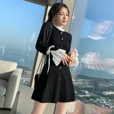 ワンピース ミニワンピース 長袖 ハイネック ボタン ミニ丈 フリル Aライン かわいい 大人可愛い きれいめ シンプル 上品 おしゃれ かっこいい レトロ ラフ こなれ感 個性的 主役級 存在感