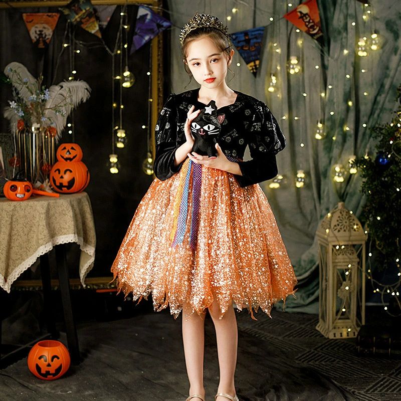 ハロウィン 魔女 ワンピース 帽子 スティック 3点セット 悪魔 メルヘンウィッチ 小魔女ドレス コスプレ 子供 五分袖 cosplay 小魔女衣装 女子 デビル HALLOWEEN コスチューム 仮