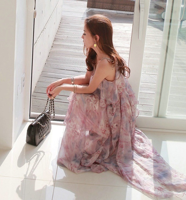 1699.花柄シフォンマキシ丈ワンピース（ピンク）2019 春夏 sale 海 ビーチ プール リゾート 女子会 お呼ばれ パーティー