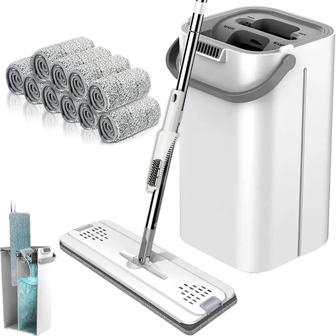 【急速出荷!】フロアモップ モップ 拭き掃除 フラットモップ モップ絞り器付き バケツ付き 12枚交換モップパッド付き 手洗い不要 腰曲げず 拖把 乾湿両用 掃除用品 掃除道具 mop 床掃除 家庭用