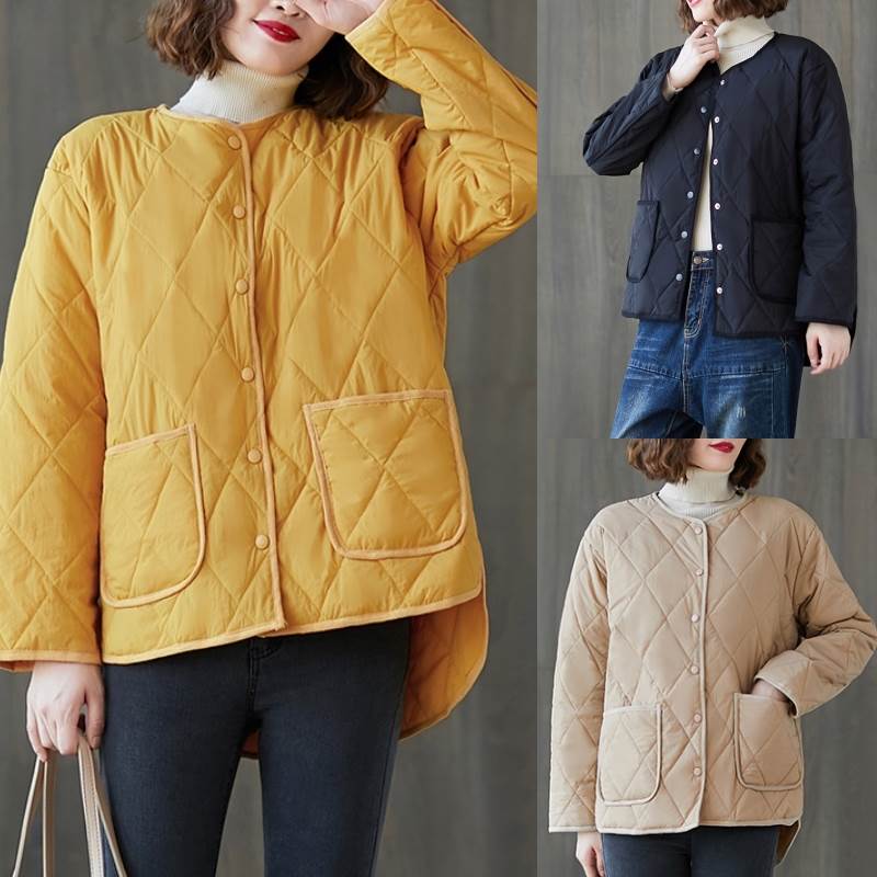 3色 アウター ジャケット レディース ジャンパー 長袖 大きいサイズ 大きめ 冬 カーキ イエロー 黄色 ブラック 黒 無地 ポケット ボタン シングルブレスト 薄手 シンプル カジュアル 大人 お
