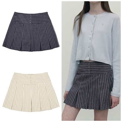 STRIPE BUTTON POINT PLEATS SKIRT