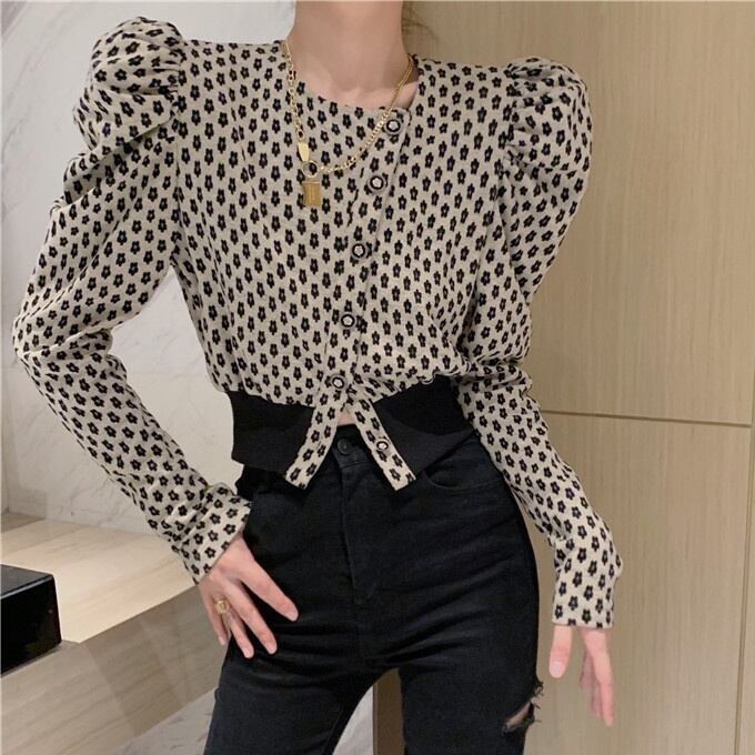 レディース トップス カーディガン 長袖 袖あり ショート丈 デイジー柄 アシンメトリー 変形