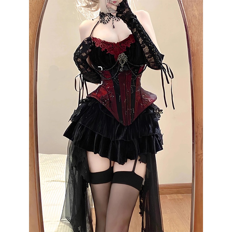 ゴシックコルセットホルターネックサスペンダースーツ取り外し能スカート2点セット