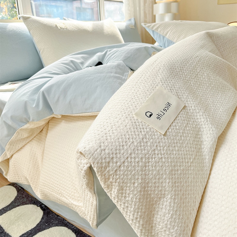 ウォッシュドコットンワッフル4枚組シンプルコットンシーツキルトカバー寝具綿3枚組キルトカバー