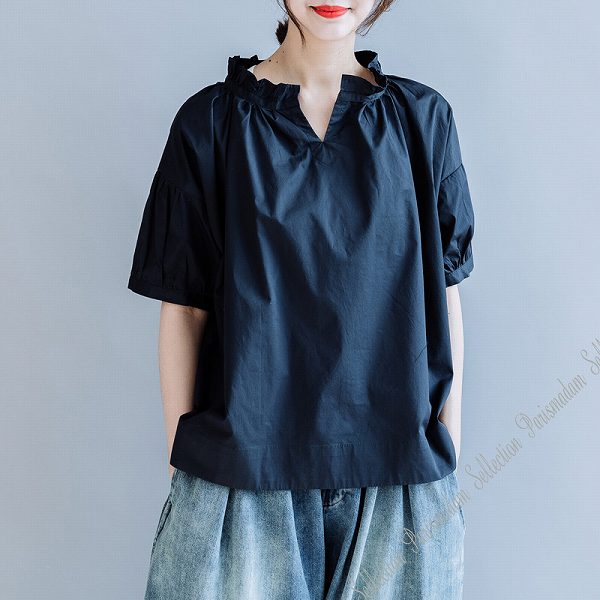 季節限定ネイビー　フリルブラウス　チュニック　オープンシャツ　半袖　5分袖　コットン　parismadam 【クリックポストで】女子会20代30代40代50代