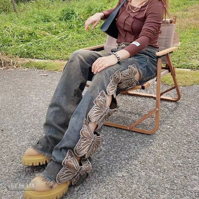 選べる福袋デニムボトムス バタフライ ダメージ フリンジ デニムパンツ ハイウエスト ストレート ボトムス ワイドレッグ ゆるダボ ゆったり カジュアル メカ割