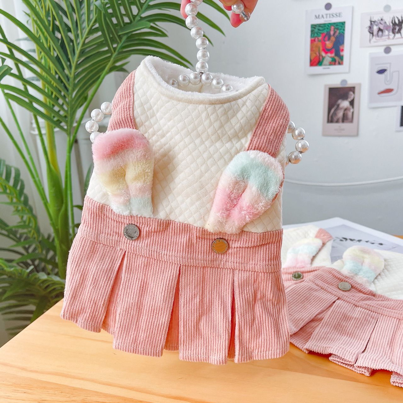 カラフルなうさぎ耳プリーツコットンスカート秋冬犬服プードル服直販