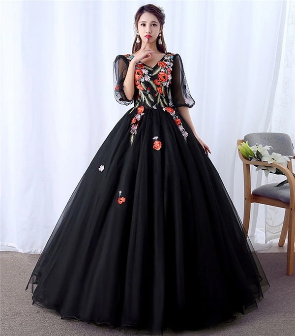 ロングドレス 演奏会 ピアノ 発表会 ステージ 大きいサイズ 大人 衣装 編み上げ 袖付き カラードレス ブラック 舞台 コンサート 袖あり エブリ【S/M/L/XL/2XL/3XL】da056t2t