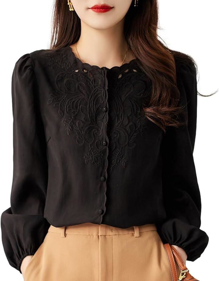 刺繍シフォンブラウス パフスリーブ デザインボタン トップスレディース オフィスカジュアル 痩せ見え 通気性 ボタニカル JS86-BK-2XL(ブラック, 2XL)