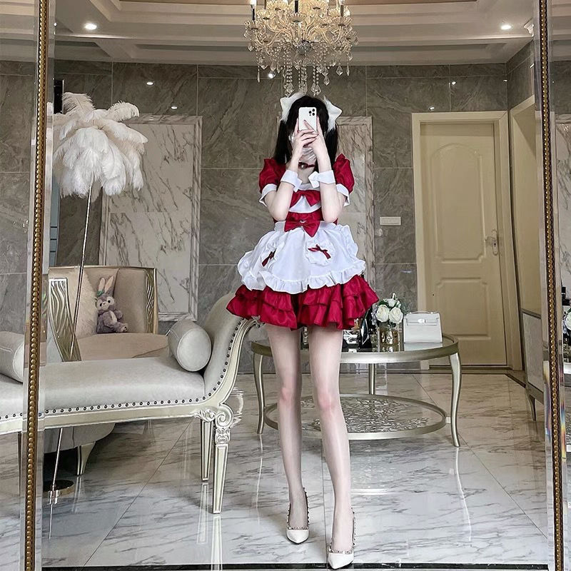 日本の柔らかい女の子赤いセクシーなメイド服コスプレ女性の兄貴二次元メイド制服スーツcos