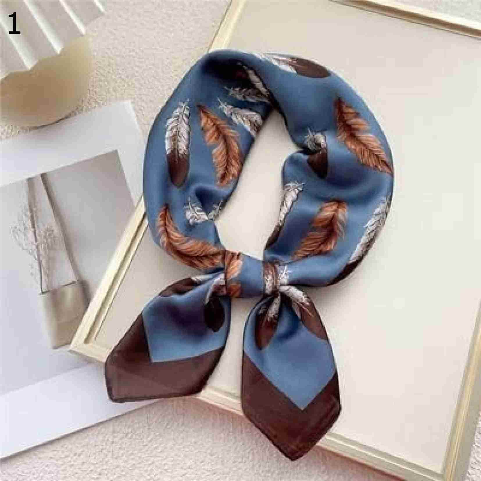 【20%OFFクーポン～】女性ヘッドバンドショールエレガントなフェザープリントサテンスモールスクエアラップスカーフ多機能ポリエステルスカーフ スカーフ (Color : Blue Size : 7