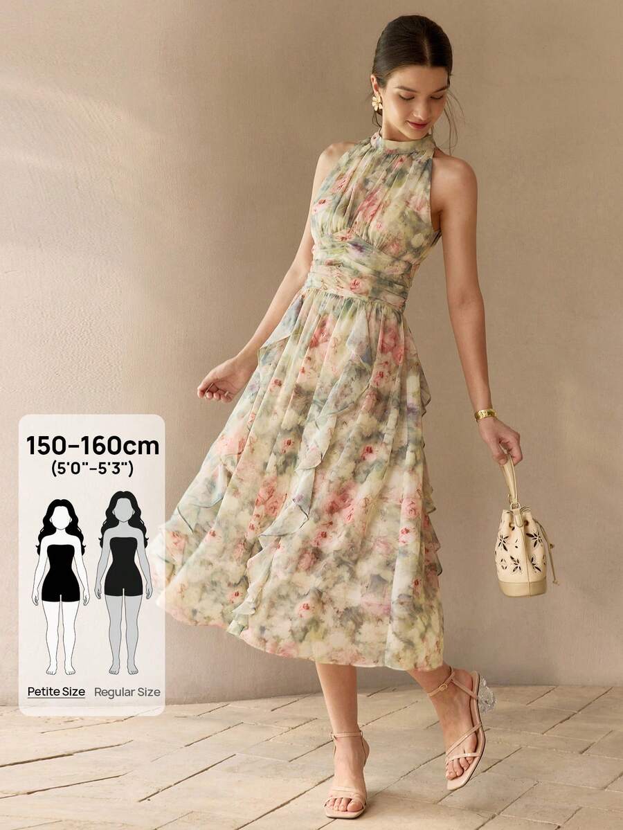 Petite 女性用 フローラルプリント モックネック ノースリーブ ドレス